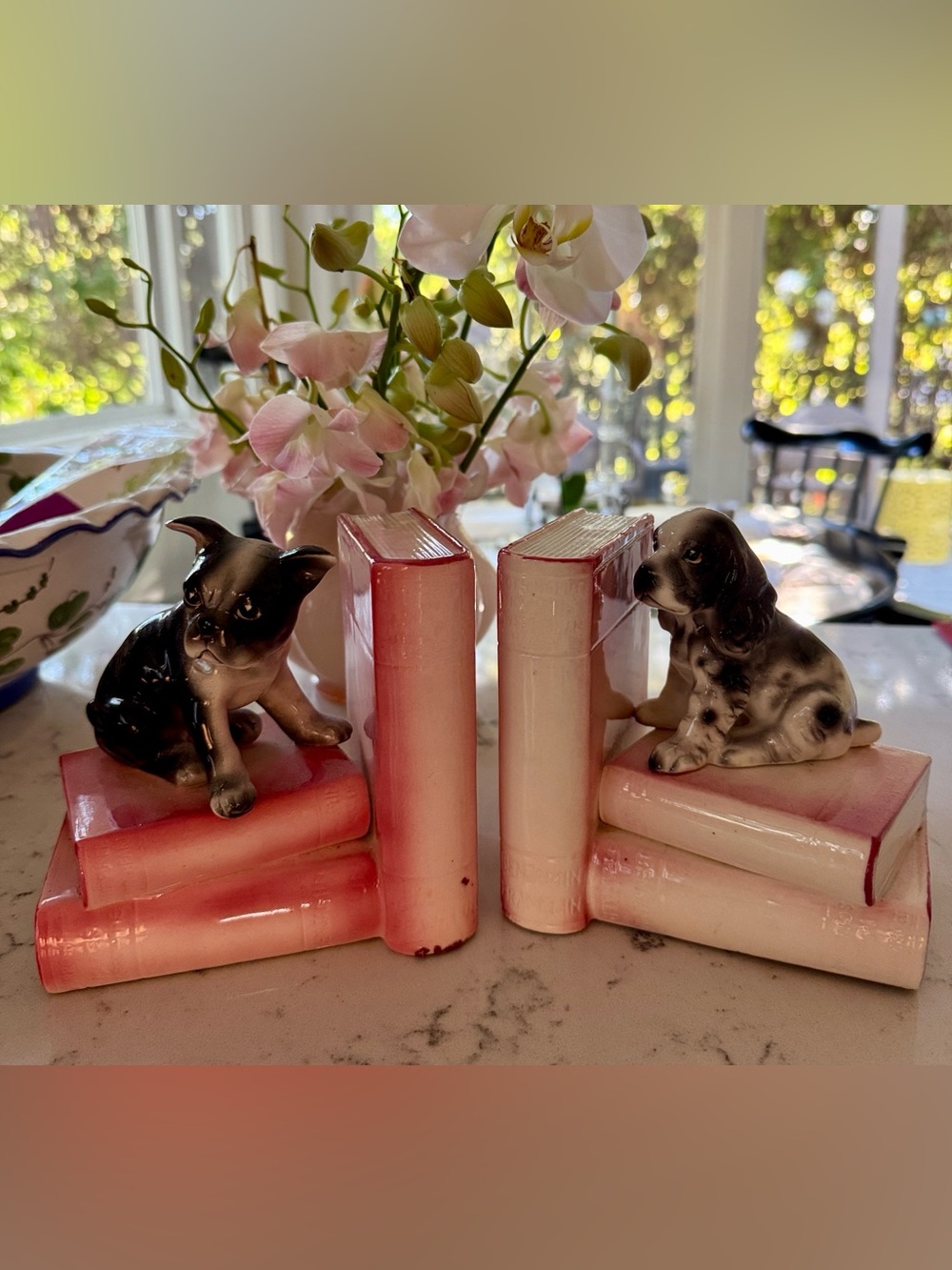 Vintage Pink Ceramic Puppy dog Bookends - kids room / nursery